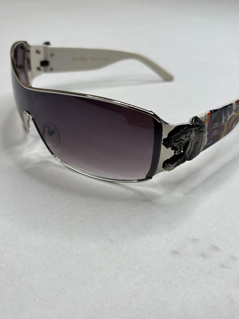 Ed Hardy Style Vtg Sunglasses Panther & Snake Tattoo Graphics White Silver Y2k